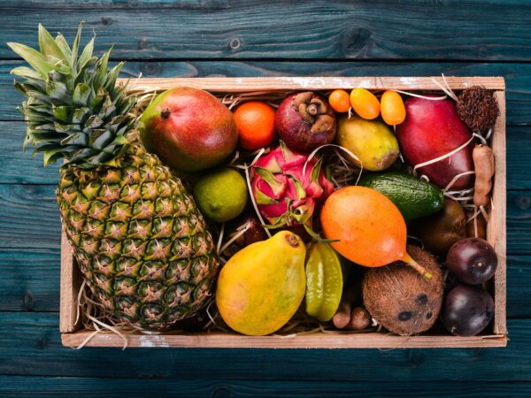 Basket with exotic fruits